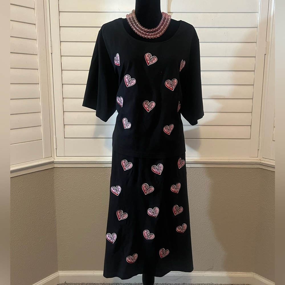 Torrid black and pink heart embroidered pencil skirt and top set.
